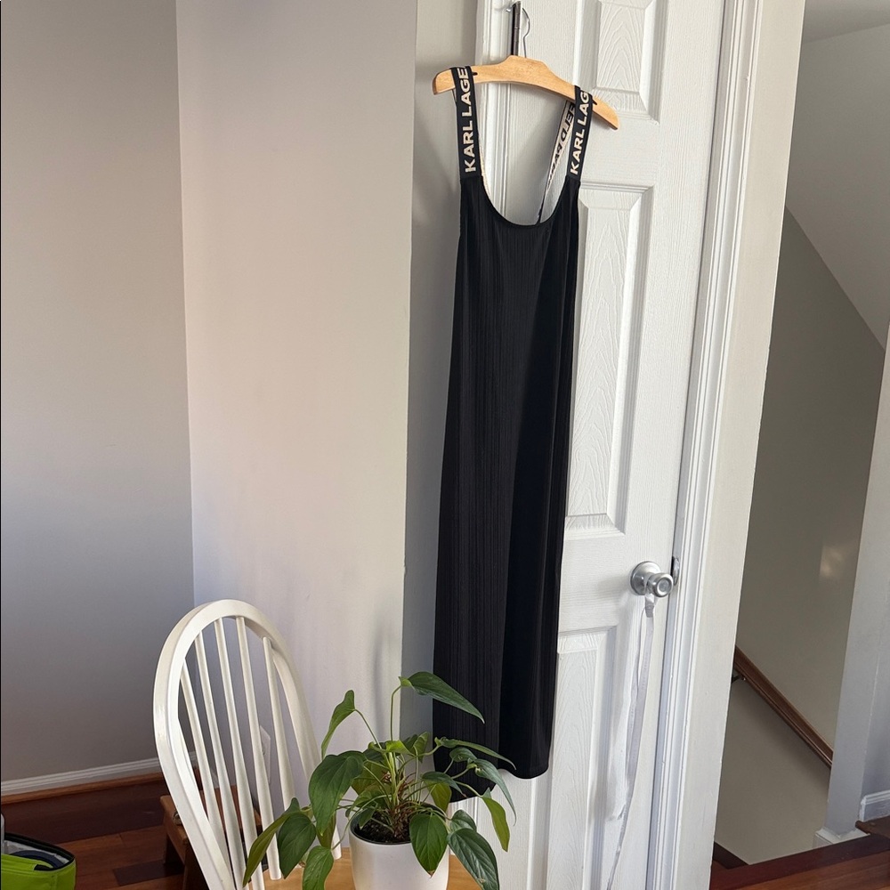 Karl Lagerfeld Black Ribbed Maxi Dress with Logo Straps